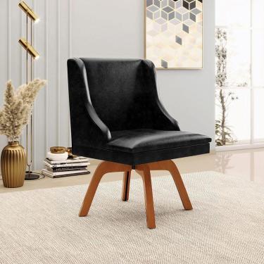 Imagem de Cadeira Decorativa Sala De Jantar Base Giratória De Madeira Firenze Pu Preto Brilho/natural G19