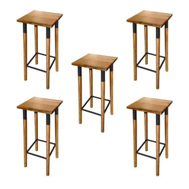 Imagem de Kit 5 Banquetas Bistro Industrial Colors Ferro E Madeira Maciça - Preta Preto