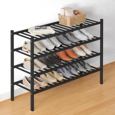 Imagem de Smiry Sapateira de bambu para armário, organizador de sapatos empilhável de madeira de 4 níveis, prateleira de armazenamento de sapatos de pé livre para entrada, entrada da porta da frente, preto