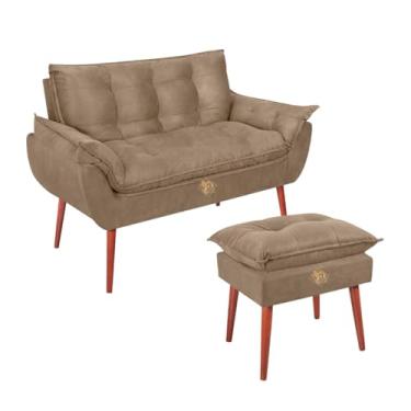 Imagem de Kit Namoradeira Opala 2 Lugares + Puff Suede Retrô - Sofá Compacto e Banco Pés Madeira Maciça - Conforto para Sala Estar/Quarto (VIT DECOR) (Capuccino)
