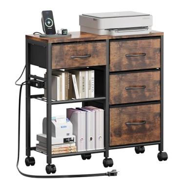 Imagem de Armário de arquivo de 4 gavetas com estação de carregamento, mesa com suporte para impressora com prateleira de armazenamento aberta, armário de arquivo de tecido móvel para escritório em casa, marrom