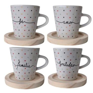 Imagem de Jogo de 4 xicaras porcelana 120ml coração com pires madeira - jr decor