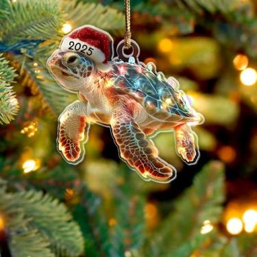 Imagem de Enfeite de Natal de tartaruga marinha 2025, animais marinhos e oceânicos 9,5 cm (plano 2D) Enfeite de acrílico de dupla face, presente para amantes de tartarugas marinhas, mergulhadores, enfeite de