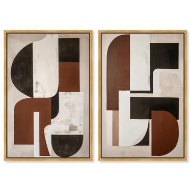 Imagem de Conjunto de 2 painéis geométricos de luxo neutro, arte de parede Boho da Art Remedy, moldura dourada, 50 x 76 cm