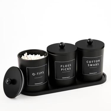 Imagem de Suporte de vidro Qtip para banheiro, suporte redondo de algodão preto com tampas, suporte de palheta de fio dental com bandeja de bambu, frascos de boticário com colher, conjunto de 3