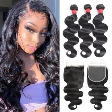 Imagem de Peruca de cabelo humano FHGD Body Wave com fecho de 3 pacotes (16-20 c