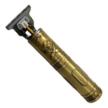 Imagem de Máquina de Cortar Cabelo Profissional Retrô, Metal Dourado, Lâmina em T, 15cm, Bateria 2h, 4 Pentes, Design Caveira Esculpida, Carregamento USB
