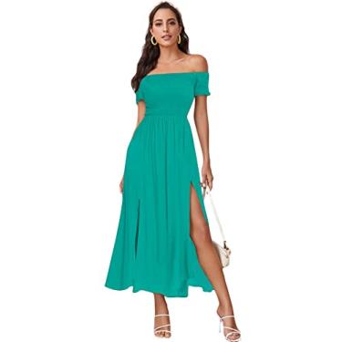 Imagem de Floerns Vestido feminino com estampa floral Boho ombro de fora dividido longo evasê, Verde-claro sólido, GG