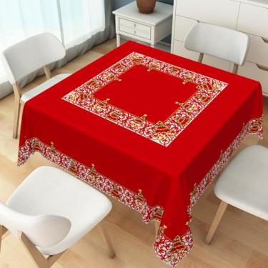 Imagem de TTQYFNM Toalha de mesa quadrada vermelha de Natal de 178 x 178 cm, verde, árvore de azevinho, dourada, com borda de estrela, impermeável e resistente a manchas, capa de mesa para decoração de festa de
