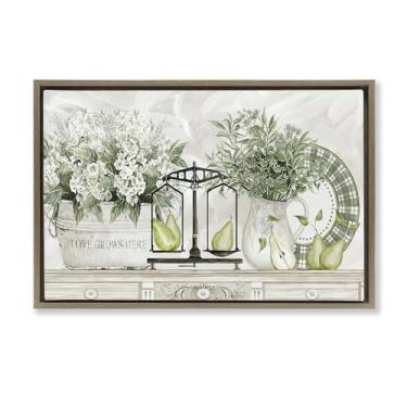 Imagem de Stupell Industries Flores e peras na prateleira arte de parede em tela flutuante preta emoldurada, design por Cindy Jacobs, 17 x 25