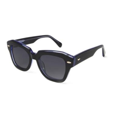 Imagem de JRLLFD Óculos de sol de acetato feminino UV400 polarizado com rebite masculino (preto azul)