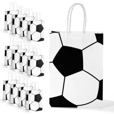 Imagem de Sinbana 12 peças de sacos de lembrancinhas de festa de futebol, papel kraft, presente, doces, salgadinhos, com alças para aniversário, futebol, esportes, artigos e decorações de festa (preto, branco)