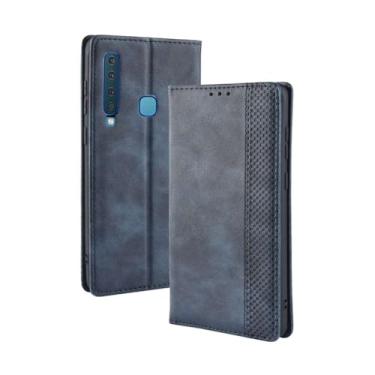 Imagem de Capa para Samsung Galaxy A9 2018,Retro Flip magnético,Caso de telefone de couro PU,Design de carteira com 3 slots de cartão e 1 clipe de dinheiro -Blue