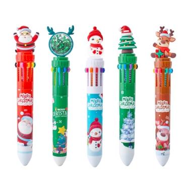Imagem de Ishua 5 canetas esferográficas multicoloridas de Natal – Caneta esferográfica de Natal multicolorida 10 em 1, lembrancinhas de festa de Natal e suprimentos de Natal para adultos