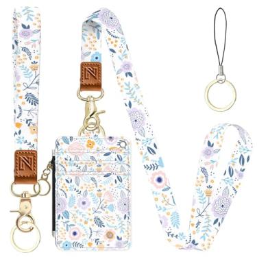 Imagem de Porta-crachá de identificação 2 em 1 de flores brancas e carteira com cordão para professores, enfermeiras, profissionais - linda bolsa de moedas com zíper, alça de pulso removível e cordão de pescoço
