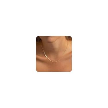 Imagem de SWRNR Colar feminino com inicial de ouro delicado banhado a ouro 14 k na moda A-Z colar com pingente lateral inicial gargantilha caixa nome colares acessórios modernos joias presentes, 14.5''+2