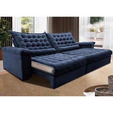 Imagem de Sofá Retrátil E Reclinável 2,95m Molas Ensacadas Cama Inbox Big Space Com Bordado 3d Velusoft Azul