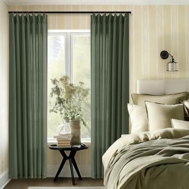 Imagem de Cortinas de linho plissadas verde-oliva 272 cm de comprimento para sala de estar quarto cortinas de linho com filtro de luz de 267 cm de comprimento aba traseira do teto ao chão semitransparentes