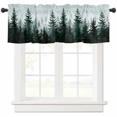 Imagem de Cortina curta para janela em aquarela verde gradiente árvore pássaro haste bolso cortinas de cozinha sanefa natural paisagem de floresta tratamento de janelas para quarto sala de estar banheiro 137 x