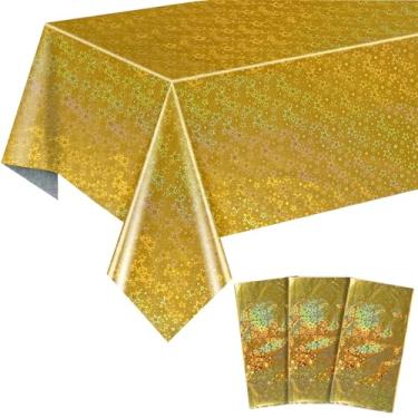 Imagem de 3 peças de toalha de mesa Glod 137 cm x 274 cm descartável estrela gradiente pastel toalha de mesa retangular descartável para festa de aniversário de princesa dia dos namorados decoração de formatura