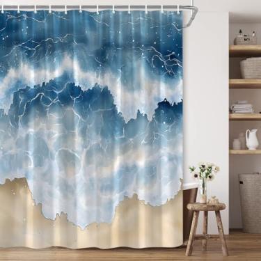 Imagem de BCNEW Cortina de chuveiro de praia oceano ondulado azul marinho litoral mar náutico abstrato paisagem natural tecido poliéster decoração de banheiro 177 × 70 polegadas com gancho