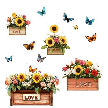 Imagem de Adesivos de parede de girassóis em vaso, decalques de girassol, decalques de parede de arte floral, adesivo de vinil removível, papel de parede para quarto, sala de estar, banheiro, móveis, armário