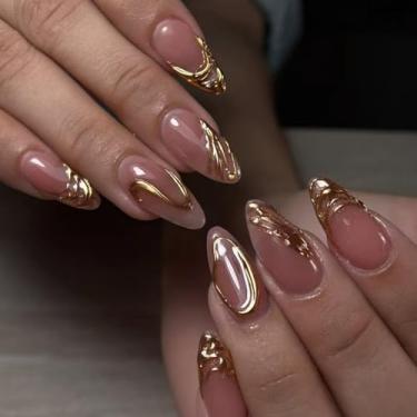 Imagem de Unhas postiças de amêndoa média dourada francesa com linhas simples de glitter Desien cobertura completa cola acrílica falsa em unha para mulheres, 24 peças