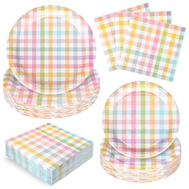 Imagem de FYSUIMU Conjunto de 72 peças de utensílios de mesa xadrez de búfalo de Páscoa, retrô, colorido, descartável, pratos e guardanapos de papel pastel, guingão, para 24 convidados, artigos de mesa de festa