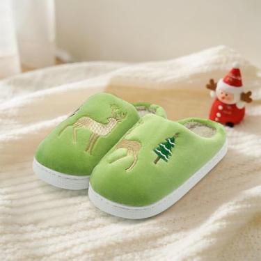 Imagem de Chinelos infantis para meninas, meninos, árvore de Natal, rena, quente, inverno, felpudo, para casa, para uso interno e externo, Verde claro, 8-9 Toddler