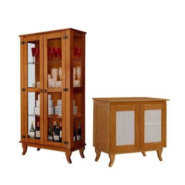 Imagem de Conjunto Sala de Jantar Cristaleira + Aparador Madeira Maciça Linha Premium Completa - Castanho