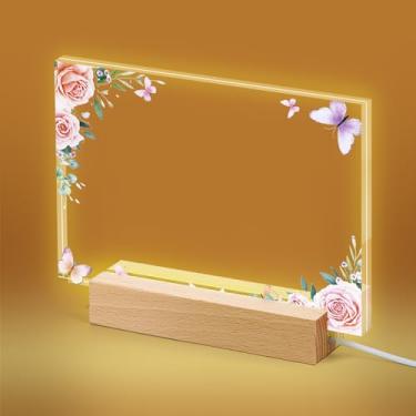 Imagem de Porta-retrato de acrílico com suporte de madeira, moldura iluminada com estampa UV de borboleta, moldura para fotos de 12 x 18 cm com luz noturna para presente de aniversário para mulheres, homens