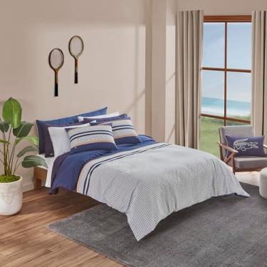 Imagem de Lacoste Conjunto de edredom com micro logotipo – roupa de cama geométrica moderna de cor negrita, sarja escovada 100% algodão, enchimento alternativo, certificado Oeko-Tex, azul marinho/branco, king