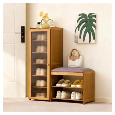Imagem de SPXMQSS Sapateira de bambu, banco de entrada com almofada macia 2 em 1, banco de sapatos e armário de armazenamento com prateleiras removíveis para entrada, sala de estar, quarto, marrom 85 x 31 x 100