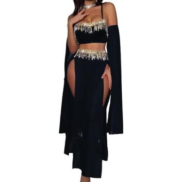 Imagem de FEOYA Women's Belly Exotic Wear Dancer Outfits Halter Crop Top Carnival Outfit Mesh Maxi Slit Skirt Black L