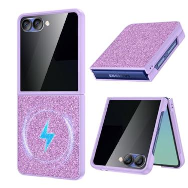 Imagem de Maxdara Capa com glitter Z Flip 7, capa magnética para Samsung Flip 7 com protetor de tela de privacidade, capa fina suporta carregamento sem fio, roxa (tela de privacidade)