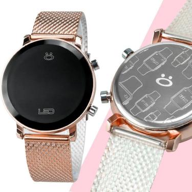 Imagem de Relogio Feminino Silicone Aço Inox Digital Rose Led + Caixa Casual Pulseira Ajustavel Resistente