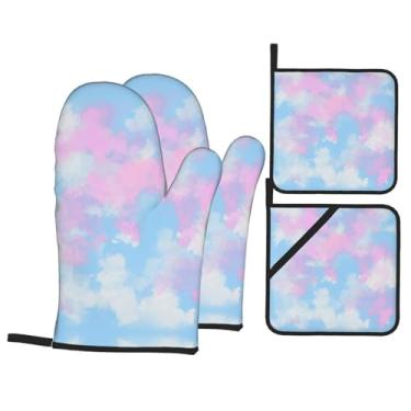 Imagem de Conjunto de luvas de cozinha de impressão azul com suportes de tampa, luvas de forno resistentes ao calor para manusear panelas quentes, grelhar, churrascos, kit de 4 peças.