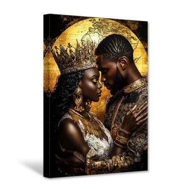 Imagem de CXHOSTENT Arte de parede de rei e rainha africana imagens de casal preto impressão em tela afro-americana pintura amor preto decoração de quarto emoldurada (30,5 cm x 45,7 cm)