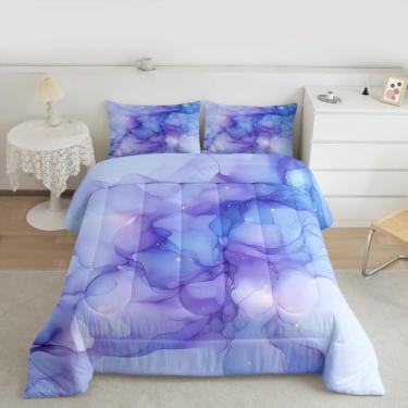 Imagem de jejeloiu Jogo de cama casal de mármore, azul marmorizado, para crianças, meninos e meninas, edredom fluido, abstrato, decoração de quarto, 3 peças com 2 fronhas
