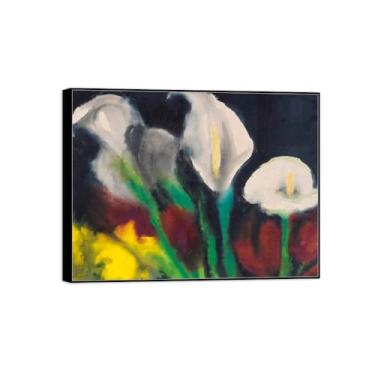 Imagem de BMZFYBS Pintura de arte de parede de flores - imagem de decoração vintage - lírios de calla brancos - impressões em tela de moldura preta para sala de estar 90 x 117 cm 35 x 46 pol