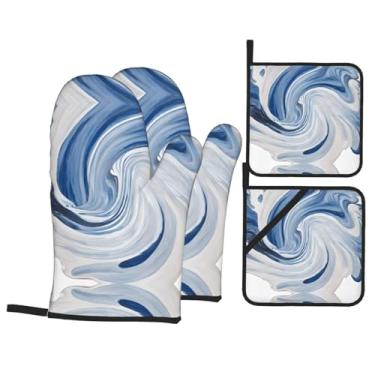 Imagem de Mural de mármore - Conjunto de luvas de cozinha estampadas com suportes de tampa, luvas de forno resistentes ao calor para manusear panelas quentes, grelhar, churrascos, kit de 4 peças.