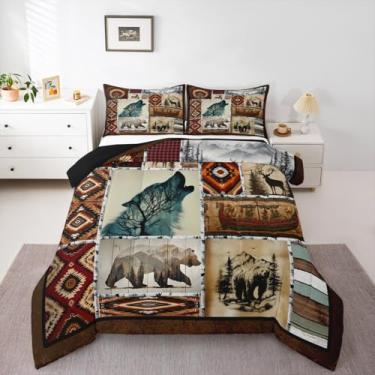 Imagem de Feelyou Conjunto de edredom rústica, tamanho Queen, com estampa de lobo de caça, cabana boêmia para crianças, meninos, meninas, chalé, vintage, decoração de quarto de fazenda, microfibra, 3 peças com