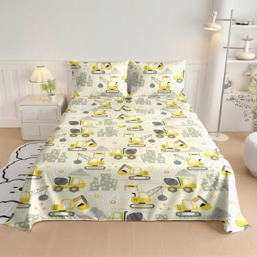 Imagem de MWMWMW Jogo de lençol solteiro para meninos, 3 peças, com estampa de carro de escavadeira, lençol com elástico e 2 fronhas