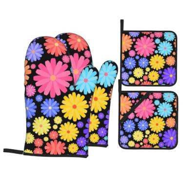 Imagem de Flores - Conjunto de luvas de cozinha estampadas com suportes de tampa, luvas de forno resistentes ao calor para manusear panelas quentes, grelhar, churrascos, kit de 4 peças.