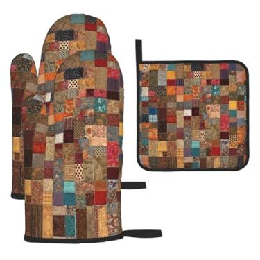 Imagem de Patchwork estilo africano – Conjunto de cozinha essencial com 3 peças, luvas resistentes ao calor e alça de tampa, proteção para churrasco no forno, design de armazenamento suspenso.