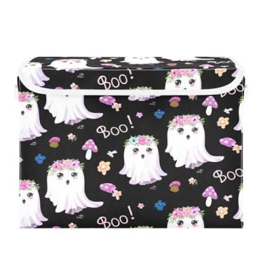 Imagem de Wassud Cestas de armazenamento de Halloween com tampas, fantasmas com coroas de flores, caixotes dobráveis de tecido, cestos de linho empilháveis, recipiente organizador de armário 42 x 32 x 30 cm