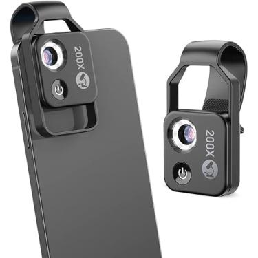 Imagem de APEXEL Lente de microscópio de telefone 200X, micro lente de telefone nano zoom para iPhone Android com luz LED CPL clipe universal, mini microscópio digital de bolso Nanozoom, câmera de lente macro