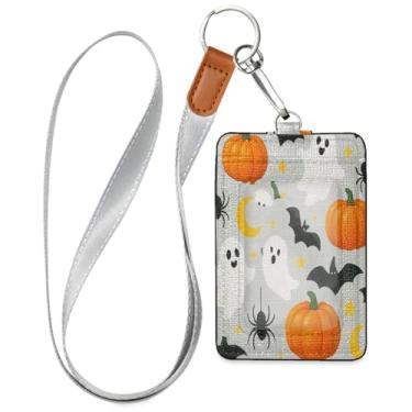 Imagem de Wassud Porta-crachá de couro PU assustador Orange Pumpkins com cordão, porta-cartão de identificação para trabalho, cordão de pescoço com compartimentos para cartões de crédito, funcionários