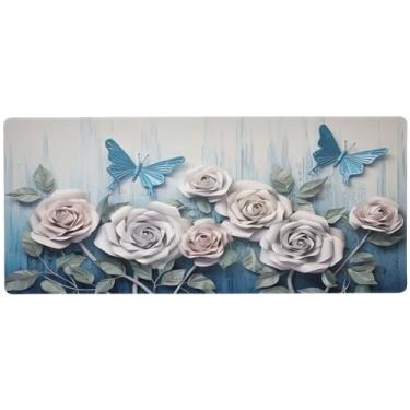 Imagem de Wassud Mouse pad de rosas e borboletas para jogos com base de borracha antiderrapante, mouse pad longo para teclado de computador com borda costurada, almofada grande à prova d'água para escritório