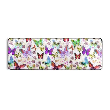 Imagem de Burbuja Tapete de corredor colorido borboletas flores 61 x 183 cm, tapete lavável antiderrapante com suporte de borracha, tapete para sala de estar, corredor, decoração de casa